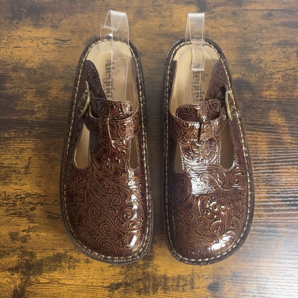 Alegria Classic Clogs Womens Sz 9.5 / 10 Brown Emboss Leather Swirl Mary Jane - Picture 2 of 8